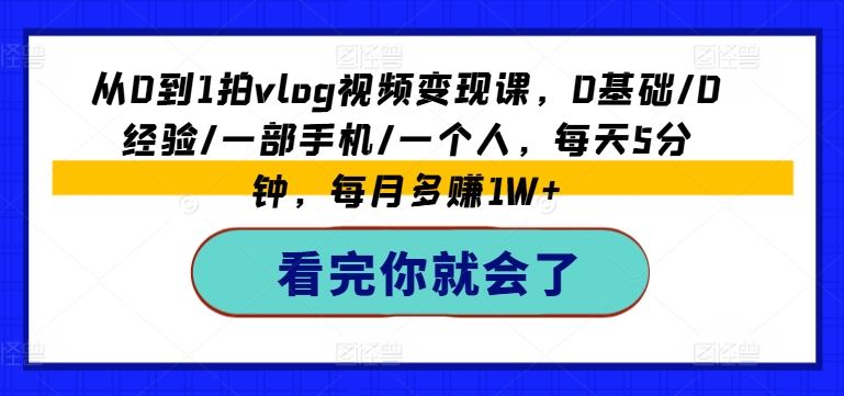 从0到1拍vlog视频变现课，0基础/0经验/一部手机/一个人，每天5分钟，每月多赚1W+-硕飞聊项目