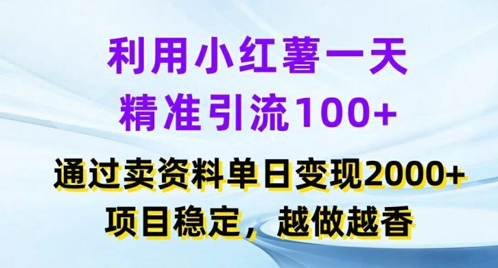 利用小红书一天精准引流100+，通过卖项目单日变现2k+，项目稳定，越做越香【揭秘】-硕飞聊项目